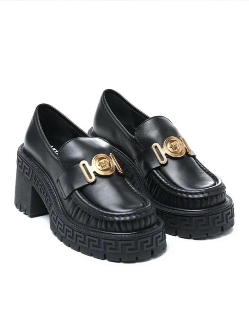 Versace Black Leather Platform Loafers with Gold Medusa Hardware
